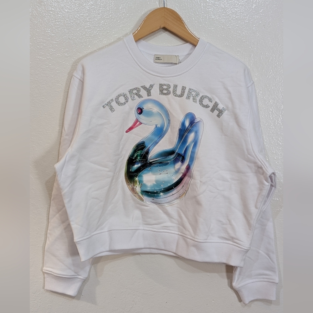 Tory Burch White Sweatshirt with Blue and Silver Accents